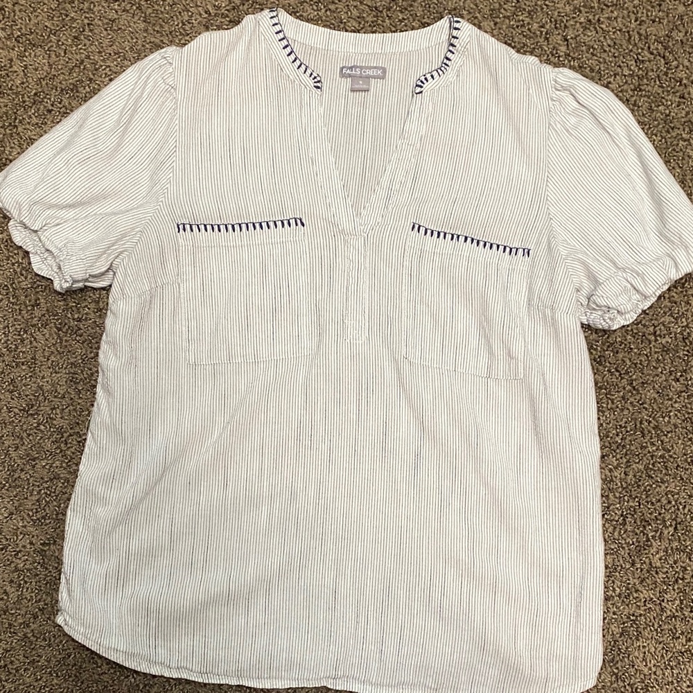Falls Creek White Blouse with Blue Accents